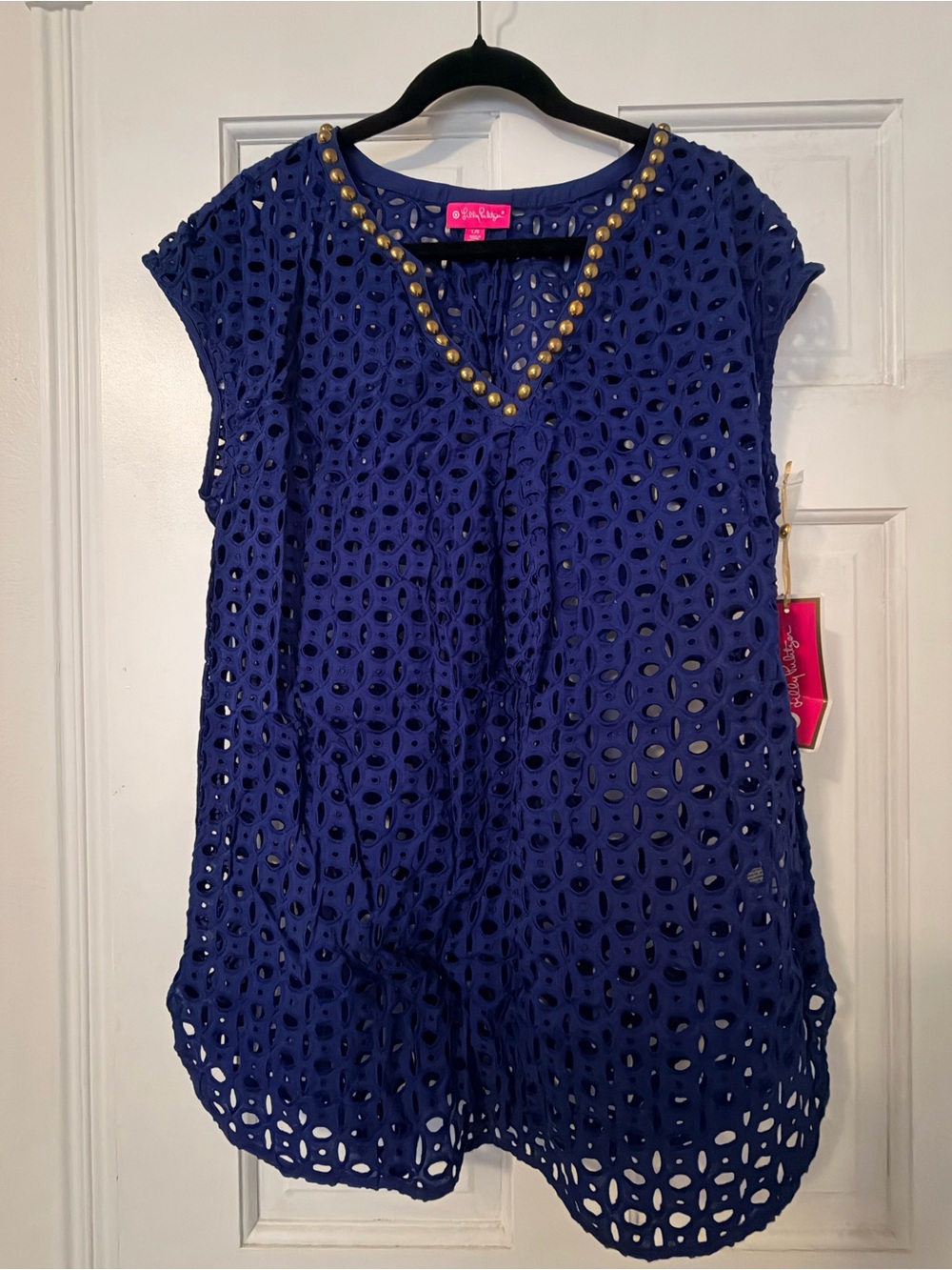 Lilly Pulitzer for Target Royal Blue Eyelet V-Neck Swim Coverup with Gold Studs